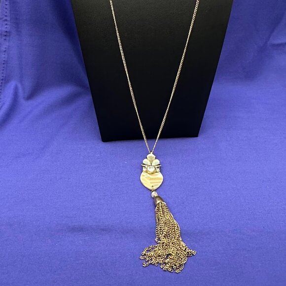 Long Jade & Jasper Gold-Tone Pendant Necklace Crystals & Tassel - Picture 4 of 10